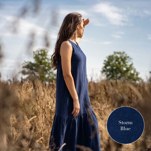 Organic 100% Linen Dress with Ruffle – AURORA Storm Blue
