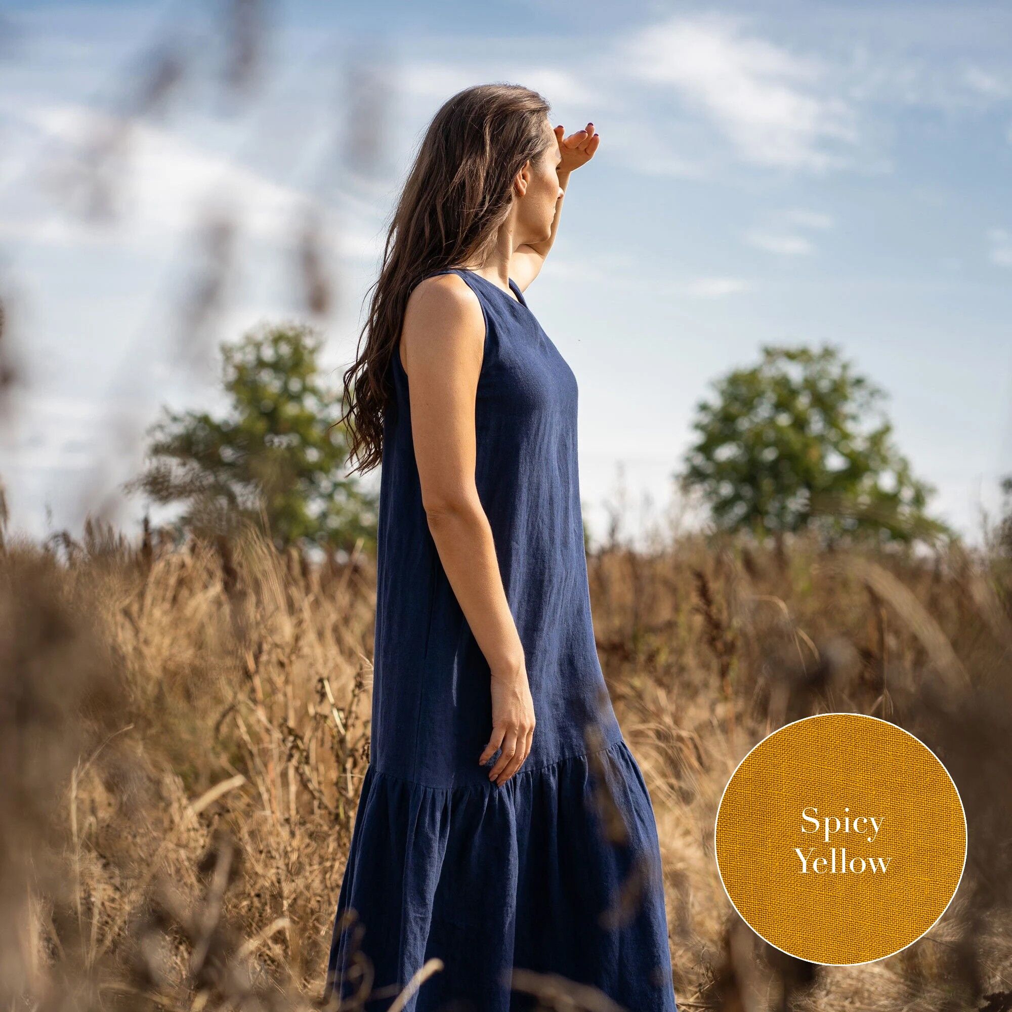 Abito 100% Lino Biologico con Volant – AURORA Giallo Speziato