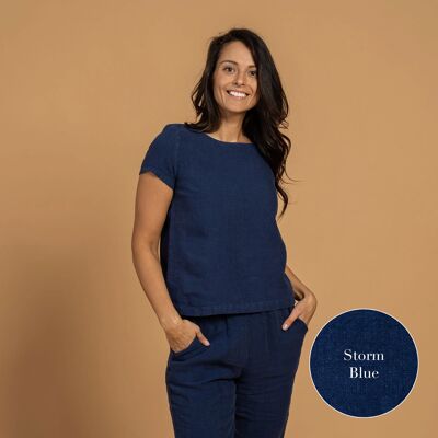 Organic 100% Linen Short Sleeve Blouse – EMMA Storm Blue
