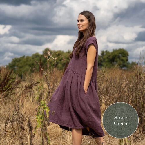 Organic 100% Linen Smock Dress – CECILIA Stone Green
