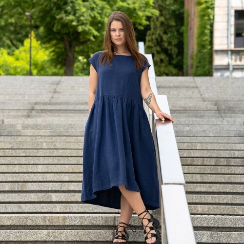 Organic 100% Linen Smock Dress – CECILIA Storm Blue