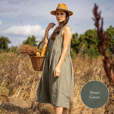 Organic 100% Linen Smock Dress – MAYA Stone Green