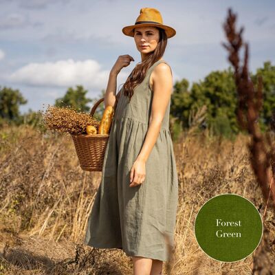 Organic 100% Linen Smock Dress – MAYA Forest Green