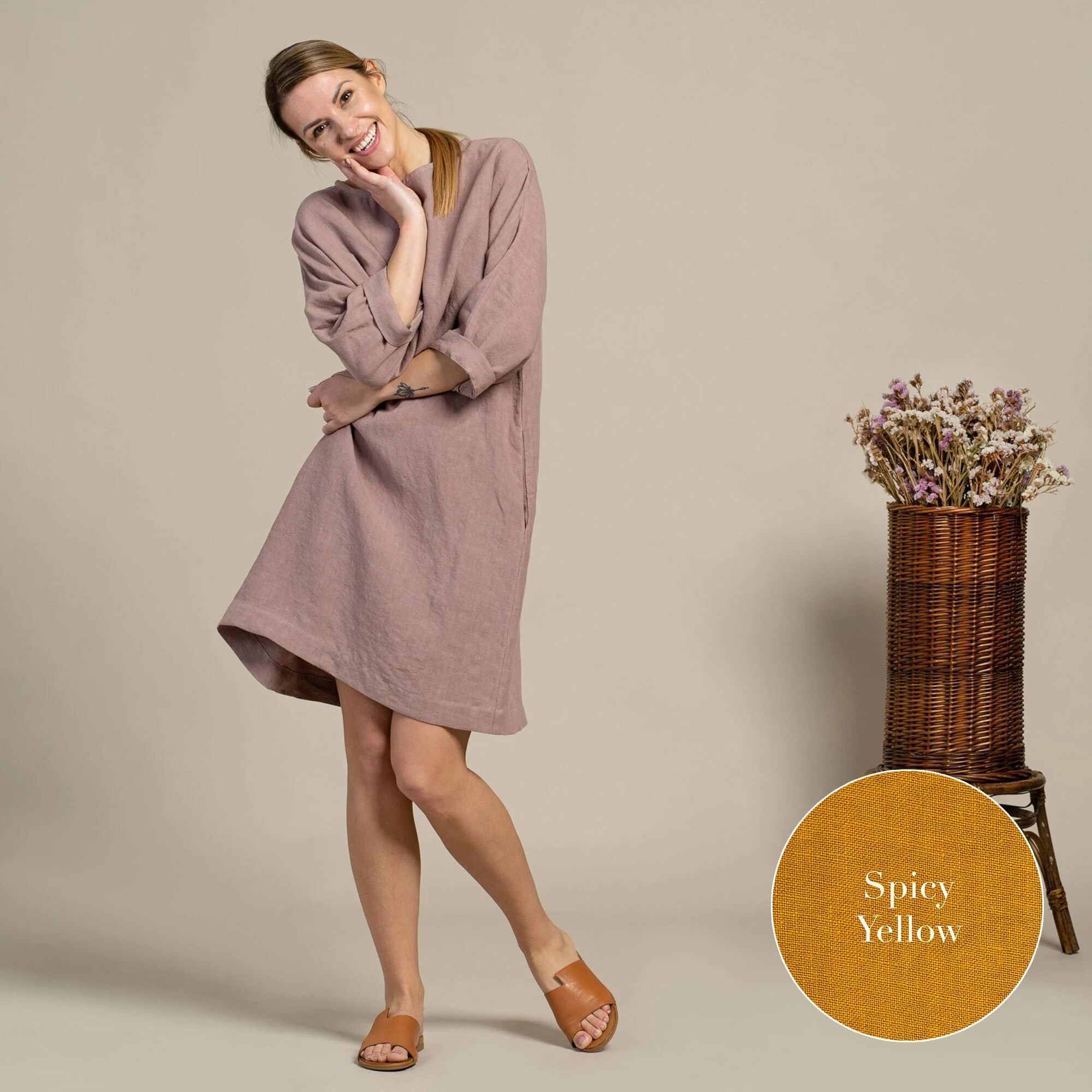 Abito a tunica in 100% lino biologico – SELENA Giallo speziato