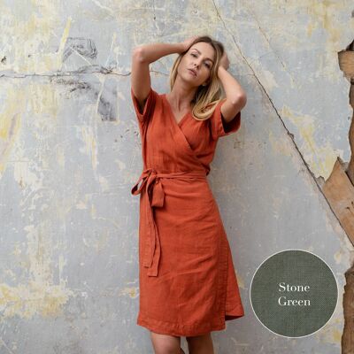 Organic 100% Linen Wrap Dress – ELIANA Stone Green