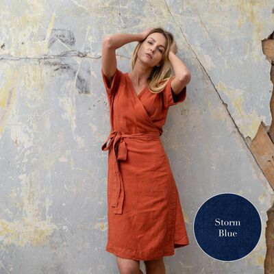 Organic 100% Linen Wrap Dress – ELIANA Storm Blue