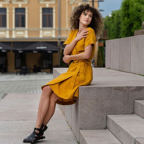 Organic 100% Linen Wrap Dress – ELIANA Spicy Yellow