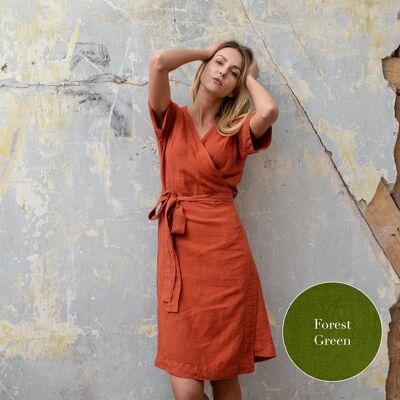 Organic 100% Linen Wrap Dress – ELIANA Forest Green