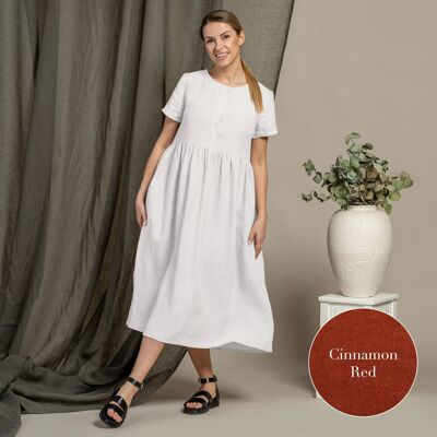 Organic 100% Short Sleeve Linen Dress – MARIA Cinnamon Red