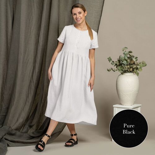 Organic 100% Short Sleeve Linen Dress – MARIA Pure Black