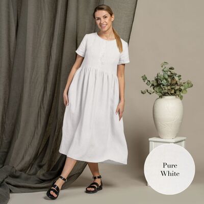 Organic 100% Short Sleeve Linen Dress – MARIA Pure White
