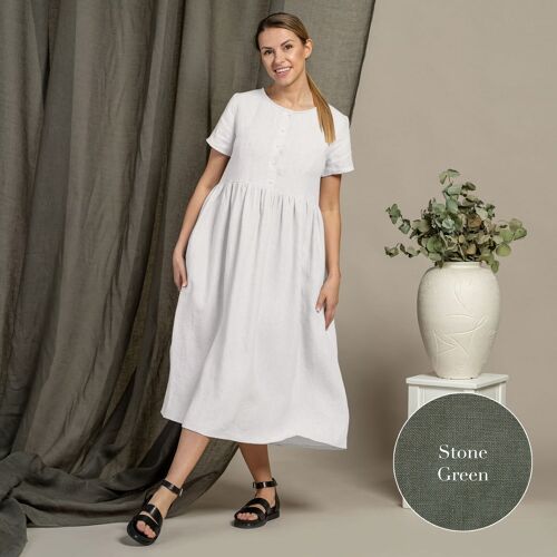 Organic 100% Short Sleeve Linen Dress – MARIA Stone Green