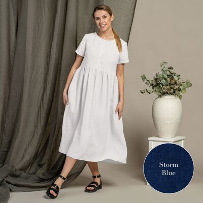Organic 100% Short Sleeve Linen Dress – MARIA Storm Blue