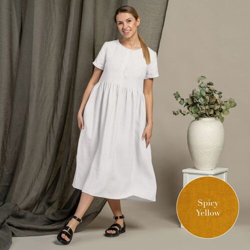 Organic 100% Short Sleeve Linen Dress – MARIA Spicy Yellow