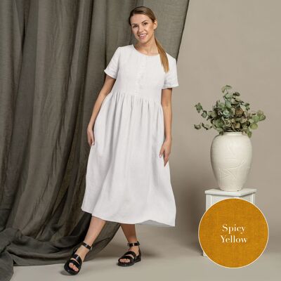 Robe 100% Lin Bio Manches Courtes – MARIA Jaune Épicé