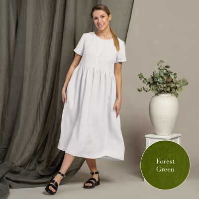 Organisches 100% Kurzarm-Leinenkleid – MARIA Waldgrün