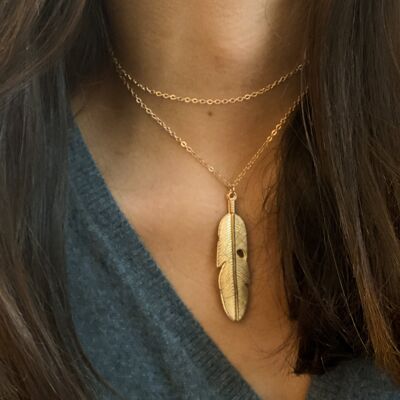 Feather Pendant Drop Necklace - Gold - No