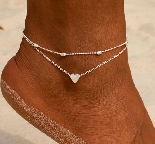 Heart Charm Double Anklet - Silver - No
