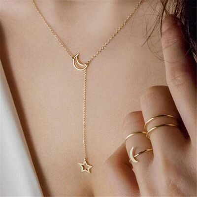 Moon & Star Tassel Necklace - Gold - No