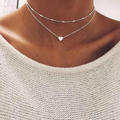 Collier Double Charme Coeur - Argent - Non