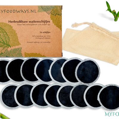 16 Reusable make up pads - Bamboo - Black
