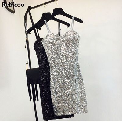 Sexy silver sequin women dress Deep v neck sleeveless short dress Elegant evening party dresses casual summer vestidos - Golden