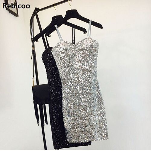 Sexy silver sequin women dress Deep v neck sleeveless short dress Elegant evening party dresses casual summer vestidos - Black