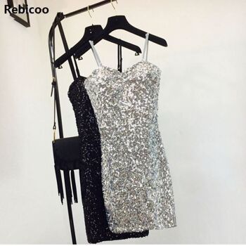 Sexy argent paillettes femmes robe col en v profond sans manches robe courte élégante soirée robes de soirée décontractées robes d'été - noir 5