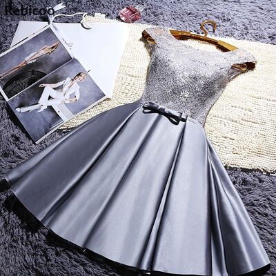 Sweet Women Dinner Evening Party Dress O-Neck Sleeveless Ribbon Bow Lace Satin Fabric Dresses For Bridesmaid Wedding - Grey