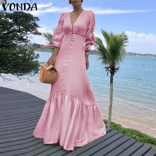 Summer Sundress Women Maxi Dress Sexy Deep V Neck Evening Party Maxi Long Dress 2021 VONDA Beach Holiday Vestidos Plus Size - Pink
