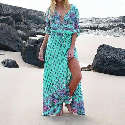 Summer Long Retro Dress 2019 New Women Bali Boho Beach Dress Floral Print Plus Size Evening Party Dress Vestidos Mujer S-5XL - Lake blue