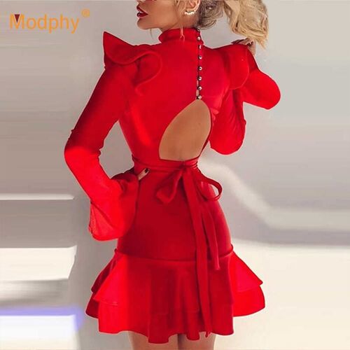 2021 New Summer Women Red Ruffles Long Sleeve Mermaid Mini Dress Sexy Hollow Out Buttons Evening Club Party Female Dresses - Red