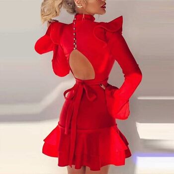 2021 nouveau été femmes rouge volants à manches longues sirène Mini robe Sexy évider boutons soirée Club fête femmes robes - rouge 2