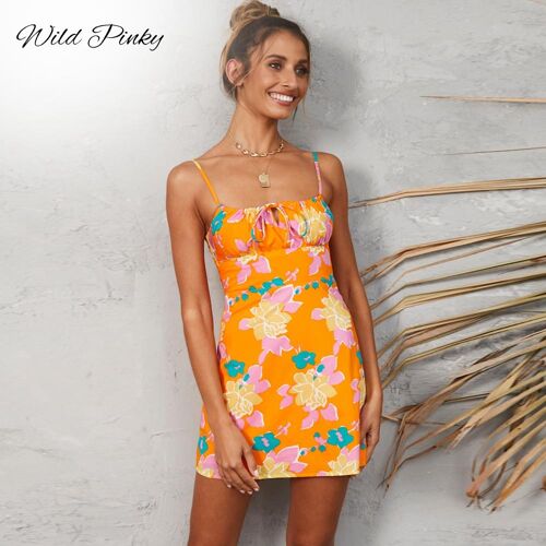 WildPinky 2021 Women Tie Up Summer Boho Floral Mini Print Sleeveless Evening Party Dress Ladies Holiday Beach Sundress Vestidos - Orange