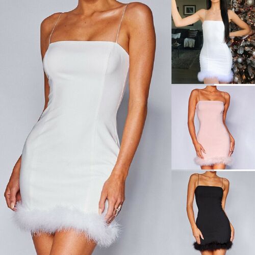 Sexy Women Girl Summer Strappy Feather Solid Slip Dress Sundress Clubwear Evening Party Short Mini Dress - Black