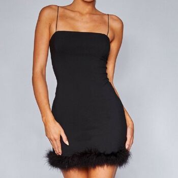 Sexy Femmes Fille D'été À Bretelles Plume Solide Slip Robe Robe D'été Clubwear Soirée Courte Mini Robe - Noir 4