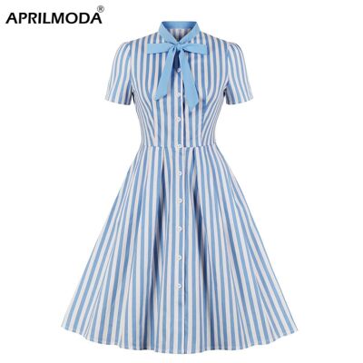Summer Cotton Striped Print Midi Dress Casual Cute Women Short Sleeves Bowknot Shirt Dresses Evening Party Office Swing Vestidos - 2
