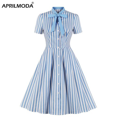 Summer Cotton Striped Print Midi Dress Casual Cute Women Short Sleeves Bowknot Shirt Dresses Evening Party Office Swing Vestidos - 1