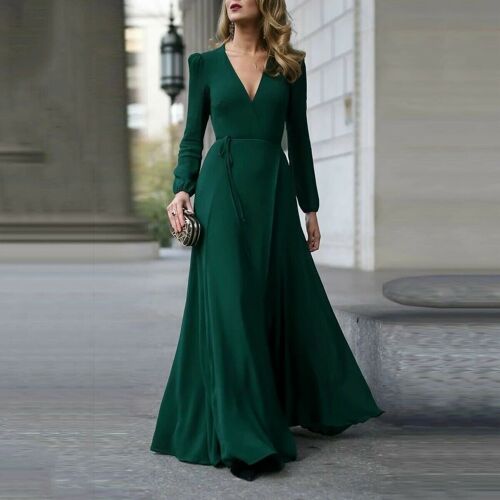 Sexy V Neck Long Sleeve Formal Maxi Dress Solid color Bandage Office Ladies Evening Party Prom Gown Women Autumn Dresses - Green China