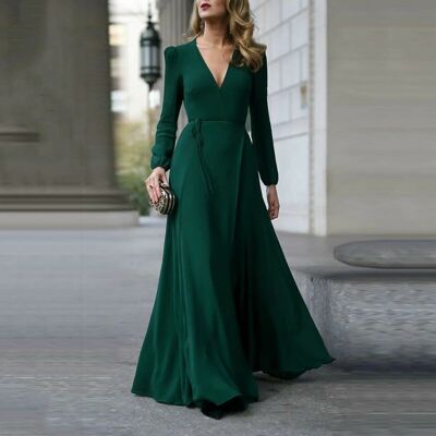 Sexy V Neck Long Sleeve Formal Maxi Dress Solid color Bandage Office Ladies Evening Party Prom Gown Women Autumn Dresses - Burgundy China