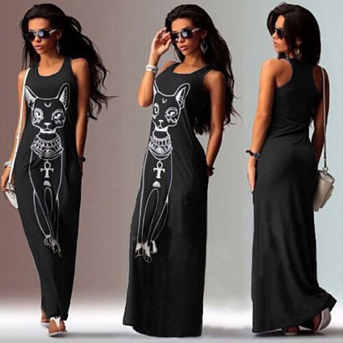 2019 Women Summer Long Maxi Dress Casual Cat Print Boho Beach Dress Sexy Evening Party Bodycon Dress Vestidos Largos Mujer - Burgundy