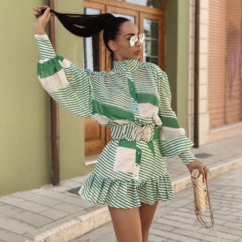 High Quality  New Autumn Woman Dress Puff Sleeves Green Stripes Fish Tail Celebrity Evening Night Party Dress Vintage Vestios - Green 170