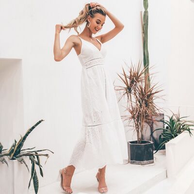 Embroidery Cotton White Summer Dress 2021 Women Sexy V Neck Hollow Out Long Maxi Dress Casual High Waist Evening Party Dress - White dress