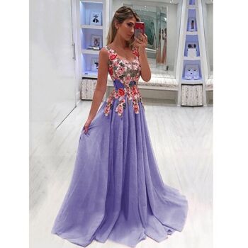 Élégante Robe Longue Femmes Soirée D'été Robe De Soirée Col En V Floral Maxi Robe Plus La Taille Sexy Robe Robe Longue Vestidos De Fiesta - Bleu Ciel 4