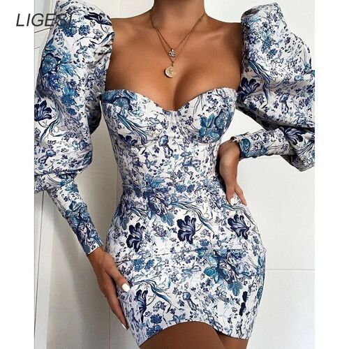 Puff Sleeve Vintage Blue Sexy Dress Party Evening Sweet Style Ruffle Square Neck Mini Bodycon Autumn Dress Women - Blue