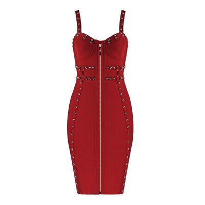 High Quality Celebrity Red Front Zipper Sexy Rayon Bandage Dress Vintage Evening Party Bodycon Dress Vestidos - Black