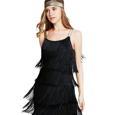 Women Solid Sleeveless Evening Party Dress Summer Beach Tassel Clothes Flapper Strap Short  Dress O-Neck Low Cut Fringe Dresses - Sliver