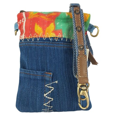 Sunsa kleine Damen Umhängetasche Schultertasche aus recycelter Jeans, Canvas und Sari