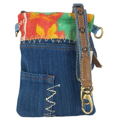 Petit sac à bandoulière pour femme Sunsa Sac à bandoulière fabriqué à partir de jeans recyclés, de toile et de sari