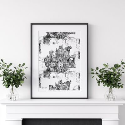 Durham City Architecture Illustrated Mounted Print 10''x12''
